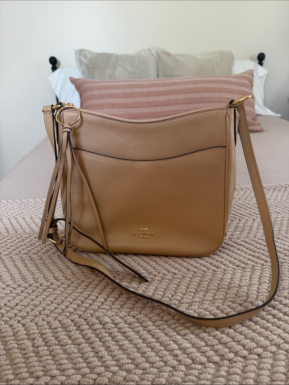 Coach Chaise Crossbody Pebbled Leather in Saddle Tan with Tassel